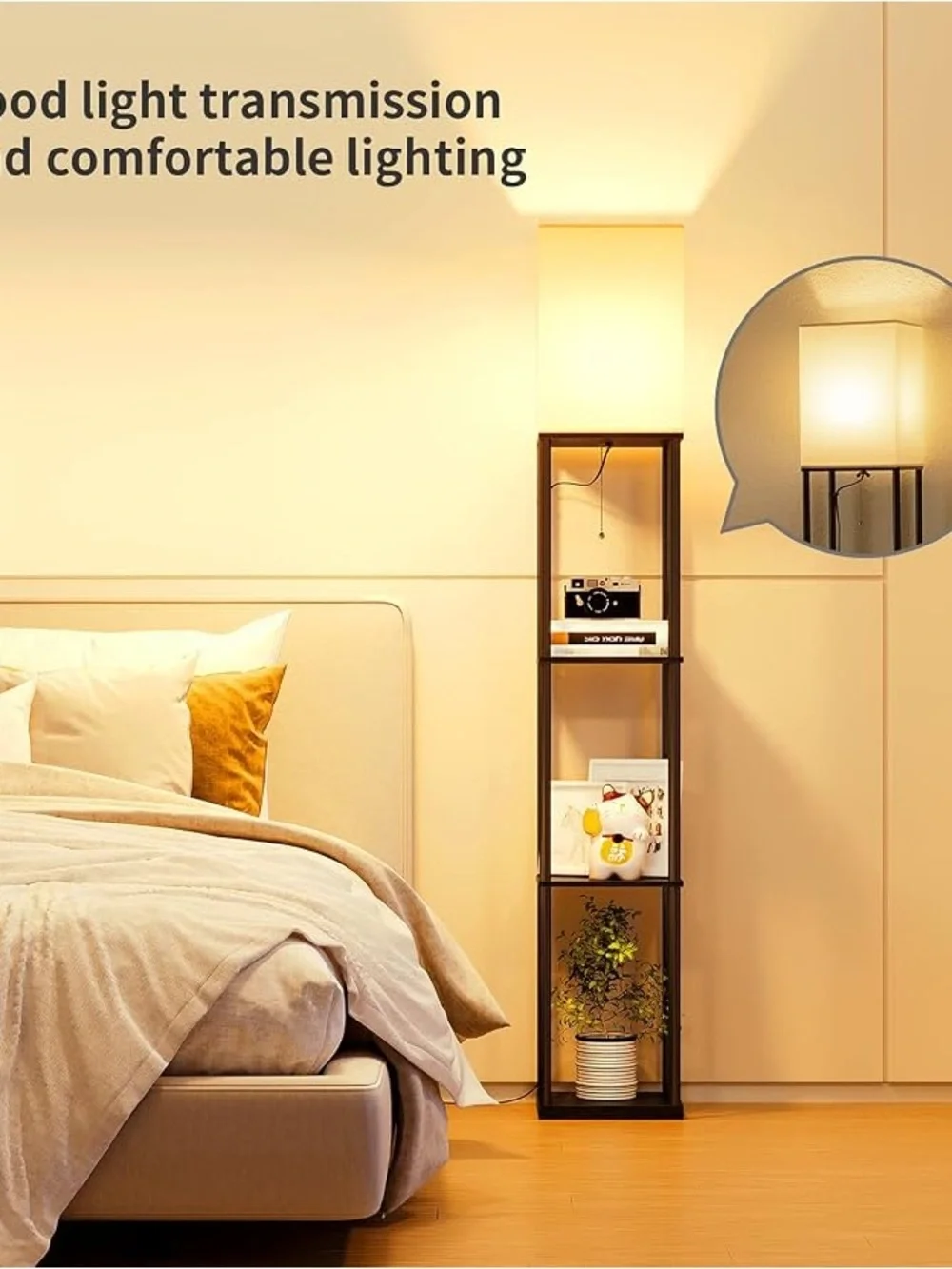 Modern Black Floor Lamp with White Shade and Shelves